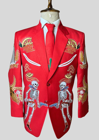 Men’s Red Country Western Skeleton Embroidered 2 Piece Suit Rhinestone Detailing Western Cocktail Party Outfit