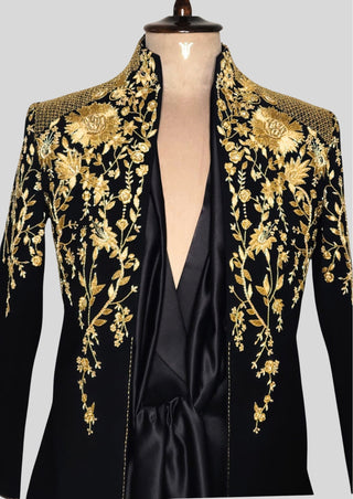 Men’s Black Gold Embroidered Designer Blazer with Satin Shirt – Luxury Wedding & Party Outfit