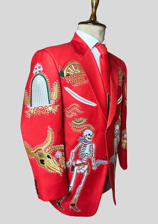 Men’s Red Country Western Skeleton Embroidered 2 Piece Suit Rhinestone Detailing Western Cocktail Party Outfit