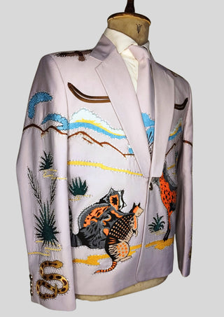Men’s Lilac Country Western Embroidered 2 Piece Suit with Rhinestones Desert Wildlife Groom Blazer Set