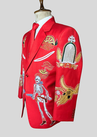Men’s Red Country Western Skeleton Embroidered 2 Piece Suit Rhinestone Detailing Western Cocktail Party Outfit