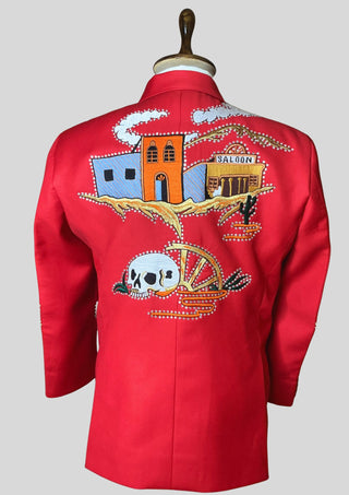 Men’s Red Country Western Skeleton Embroidered 2 Piece Suit Rhinestone Detailing Western Cocktail Party Outfit