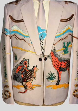 Men’s Lilac Country Western Embroidered 2 Piece Suit with Rhinestones Desert Wildlife Groom Blazer Set