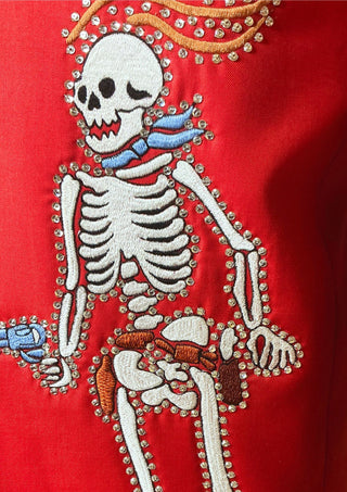 Men’s Red Country Western Skeleton Embroidered 2 Piece Suit Rhinestone Detailing Western Cocktail Party Outfit