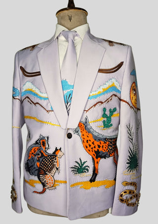 Men’s Lilac Country Western Embroidered 2 Piece Suit with Rhinestones Desert Wildlife Groom Blazer Set