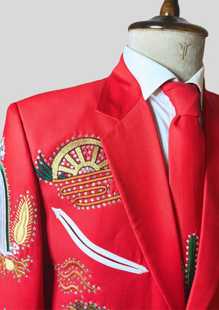 Men’s Red Country Western Skeleton Embroidered 2 Piece Suit Rhinestone Detailing Western Cocktail Party Outfit
