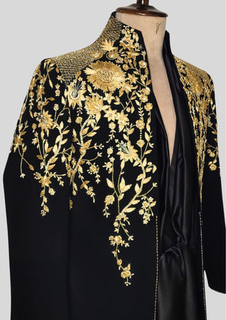 Men’s Black Gold Embroidered Designer Blazer with Satin Shirt – Luxury Wedding & Party Outfit