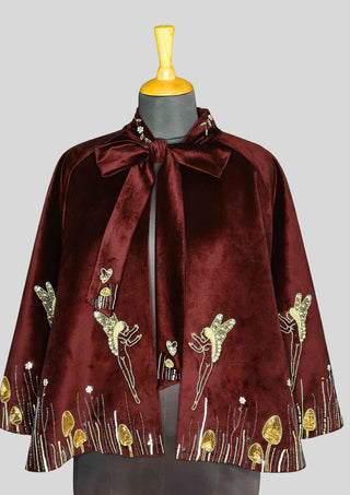 Women Blue Velvet Gold Embroidered Fairy Cape Custom Handmade Party Statement Cape