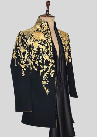 Men’s Black Gold Embroidered Designer Blazer with Satin Shirt – Luxury Wedding & Party Outfit