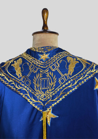 Men Blue Satin Gold Embroidered Cloak Cape Custom Historical Mantle Theatrical Costume Wedding Outfit