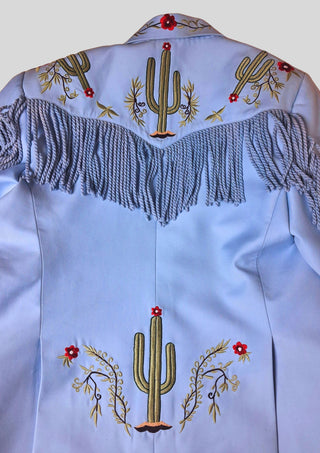 Men’s Powder Blue Country Western Suit – 2 Piece Cowboy Wedding Outfit with Cactus Embroidery & Fringe Detail