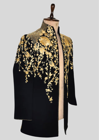 Men’s Black Gold Embroidered Designer Blazer with Satin Shirt – Luxury Wedding & Party Outfit