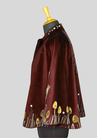 Women Blue Velvet Gold Embroidered Fairy Cape Custom Handmade Party Statement Cape