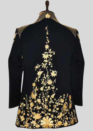 Men’s Black Gold Embroidered Designer Blazer with Satin Shirt – Luxury Wedding & Party Outfit