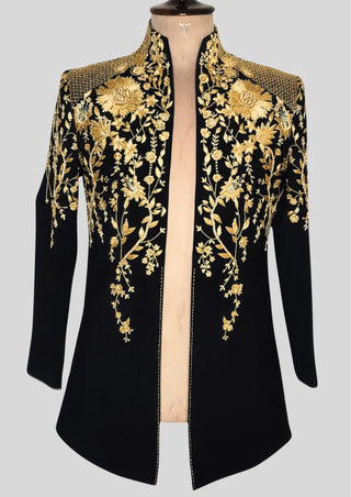 Men’s Black Gold Embroidered Designer Blazer with Satin Shirt – Luxury Wedding & Party Outfit