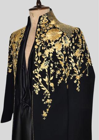 Men’s Black Gold Embroidered Designer Blazer with Satin Shirt – Luxury Wedding & Party Outfit