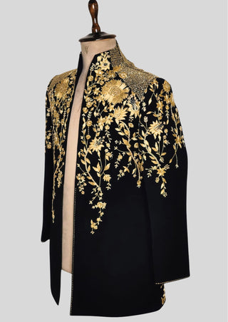 Men’s Black Gold Embroidered Designer Blazer with Satin Shirt – Luxury Wedding & Party Outfit