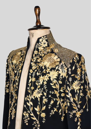 Men’s Black Gold Embroidered Designer Blazer with Satin Shirt – Luxury Wedding & Party Outfit