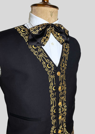 Men’s Black Embroidered Mariachi 3-Piece Suit – Gold Detailing Charro Wedding & Performance Outfit