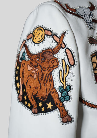 Men’s White Country Western Embroidered Rhinestone Blazer with Rodeo Motif