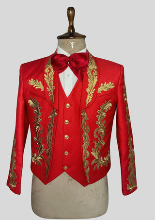 Men Red Mariachi 3-Piece Suit Gold Embroidered Mexican Groom Suit Traditional Charro Wedding Outfits