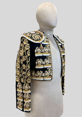 Men’s Luxury Matador Crop Jacket – Black & Gold Fully Embroidered Spanish Torero Bolero Jacket
