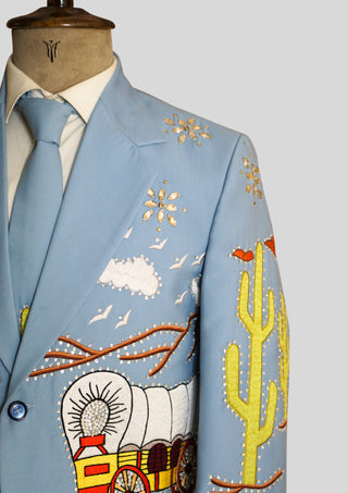 Men's Country 2 Piece Embroidered Wedding Suit Powder Blue Groom Outfit