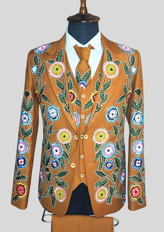 Country Western Floral Embroidered 3 Piece Men Country Groom Wedding Suit