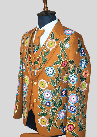 Country Western Floral Embroidered 3 Piece Men Country Groom Wedding Suit