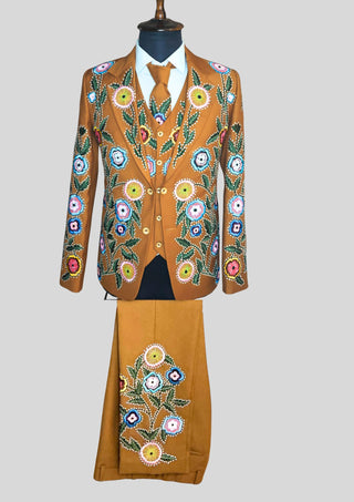 Country Western Floral Embroidered 3 Piece Men Country Groom Wedding Suit