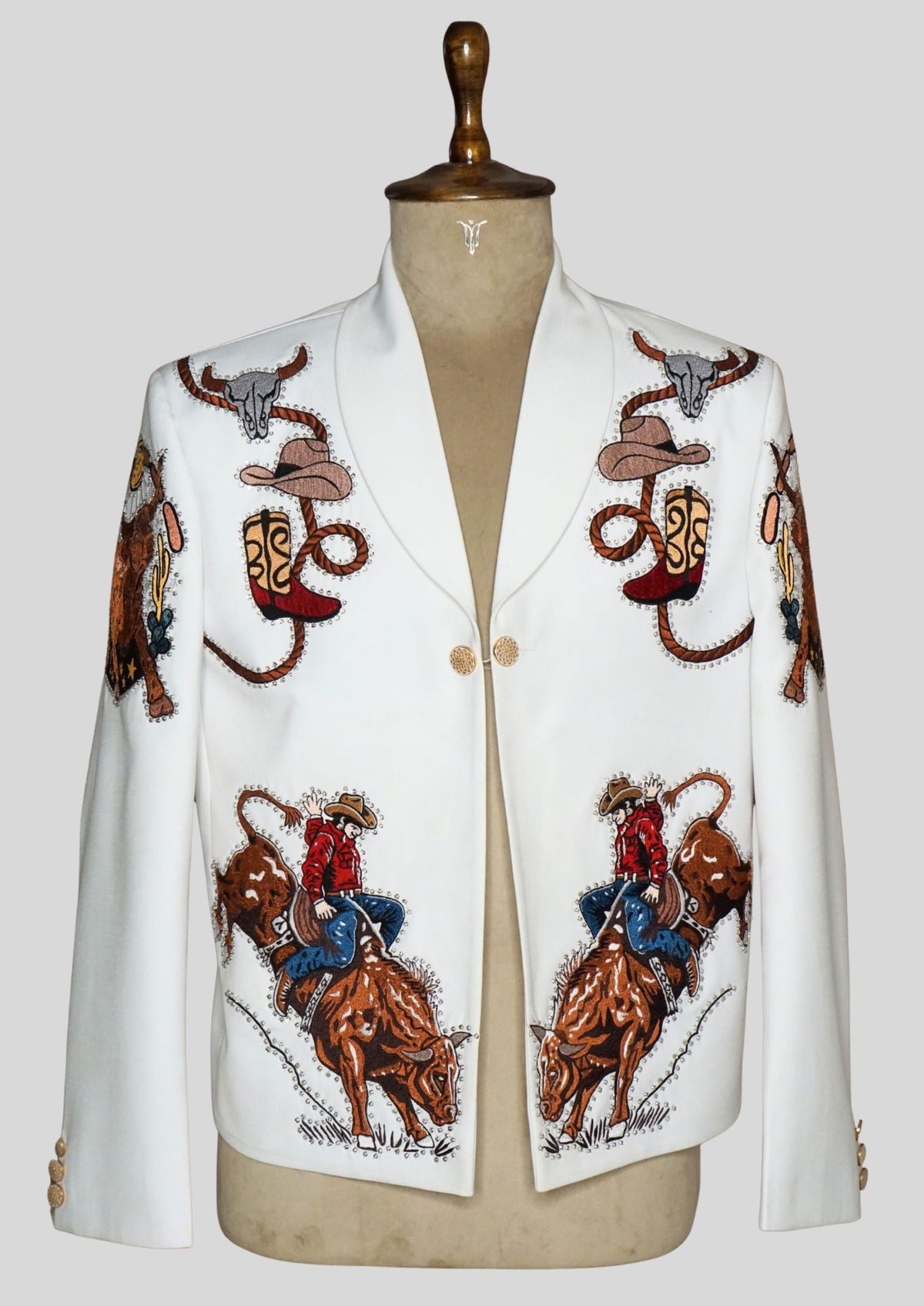 Men’s White Country Western Embroidered Rhinestone Blazer with Rodeo Motif
