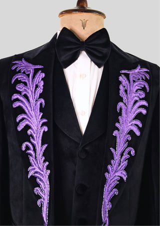 Men's Black Rococo Suit with Purple Embroidery & Cape Wedding Groom Outfit Carnival Attire