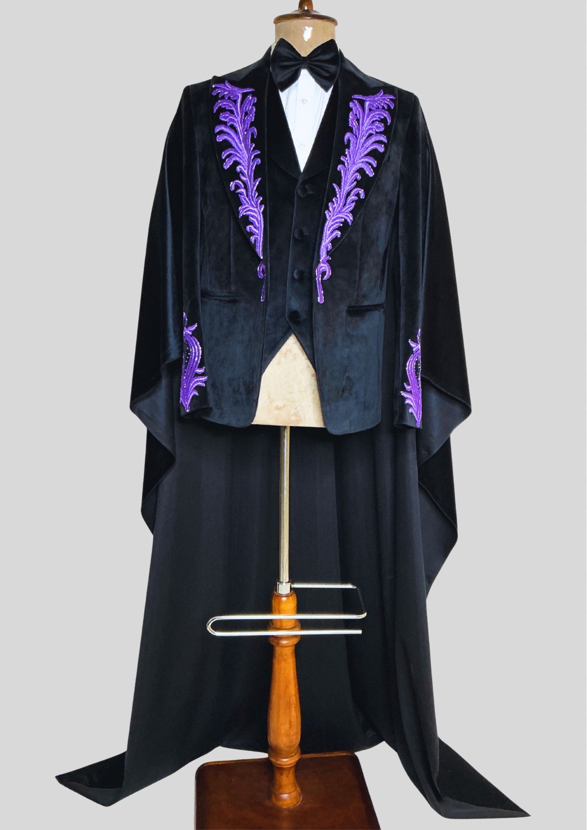 Men's Black Rococo Suit with Purple Embroidery & Cape Wedding Groom Outfit Carnival Attire