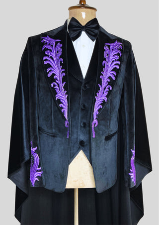 Men's Black Rococo Suit with Purple Embroidery & Cape Wedding Groom Outfit Carnival Attire