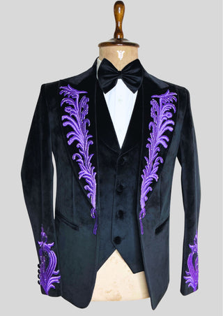 Men's Black Rococo Suit with Purple Embroidery & Cape Wedding Groom Outfit Carnival Attire