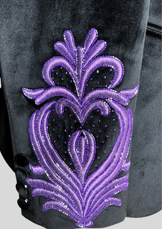 Men's Black Rococo Suit with Purple Embroidery & Cape Wedding Groom Outfit Carnival Attire