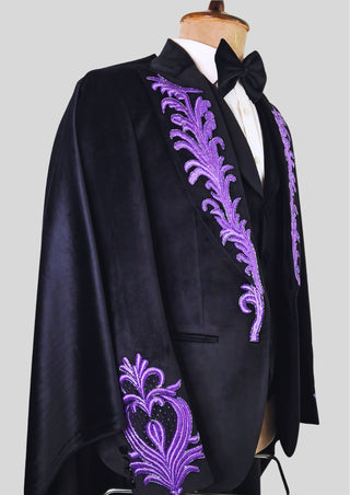 Men's Black Rococo Suit with Purple Embroidery & Cape Wedding Groom Outfit Carnival Attire