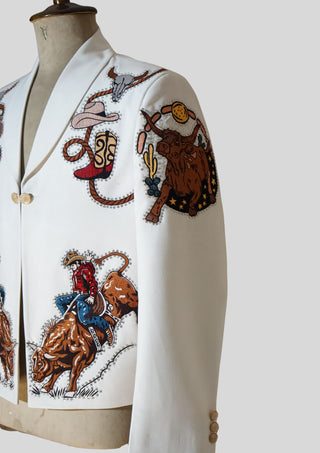 Men’s White Country Western Embroidered Rhinestone Blazer with Rodeo Motif