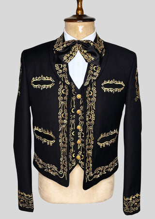 Men’s Black Embroidered Mariachi 3-Piece Suit – Gold Detailing Charro Wedding & Performance Outfit