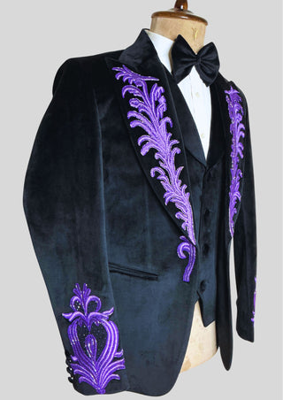 Men's Black Rococo Suit with Purple Embroidery & Cape Wedding Groom Outfit Carnival Attire