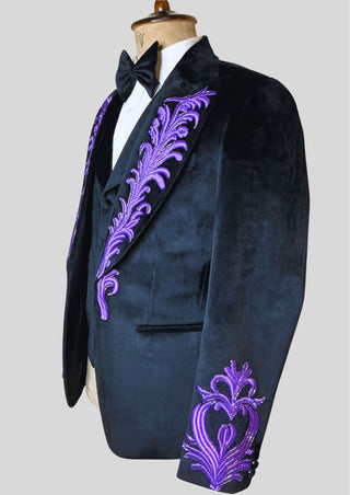 Men's Black Rococo Suit with Purple Embroidery & Cape Wedding Groom Outfit Carnival Attire