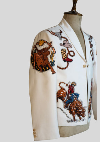 Men’s White Country Western Embroidered Rhinestone Blazer with Rodeo Motif