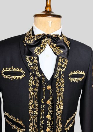 Men’s Black Embroidered Mariachi 3-Piece Suit – Gold Detailing Charro Wedding & Performance Outfit