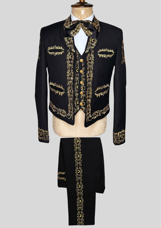 Men’s Black Mariachi 3-Piece Suit with Gold Embroidery & Matching Bow – Charro Style Wedding / Festival Outfit