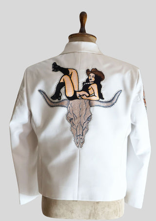 Men’s White Country Western Embroidered Rhinestone Blazer with Rodeo Motif