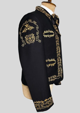 Men’s Black Embroidered Mariachi 3-Piece Suit – Gold Detailing Charro Wedding & Performance Outfit