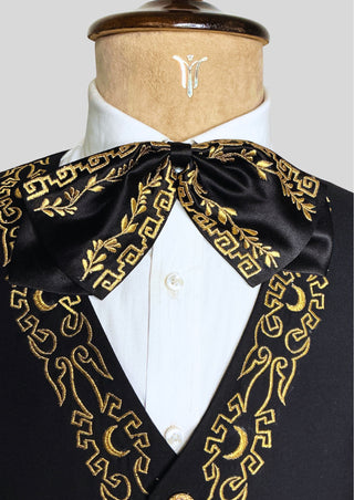 Men’s Black Mariachi 3-Piece Suit with Gold Embroidery & Matching Bow – Charro Style Wedding / Festival Outfit