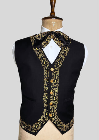 Men’s Black Mariachi 3-Piece Suit with Gold Embroidery & Matching Bow – Charro Style Wedding / Festival Outfit