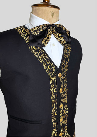 Men’s Black Mariachi 3-Piece Suit with Gold Embroidery & Matching Bow – Charro Style Wedding / Festival Outfit