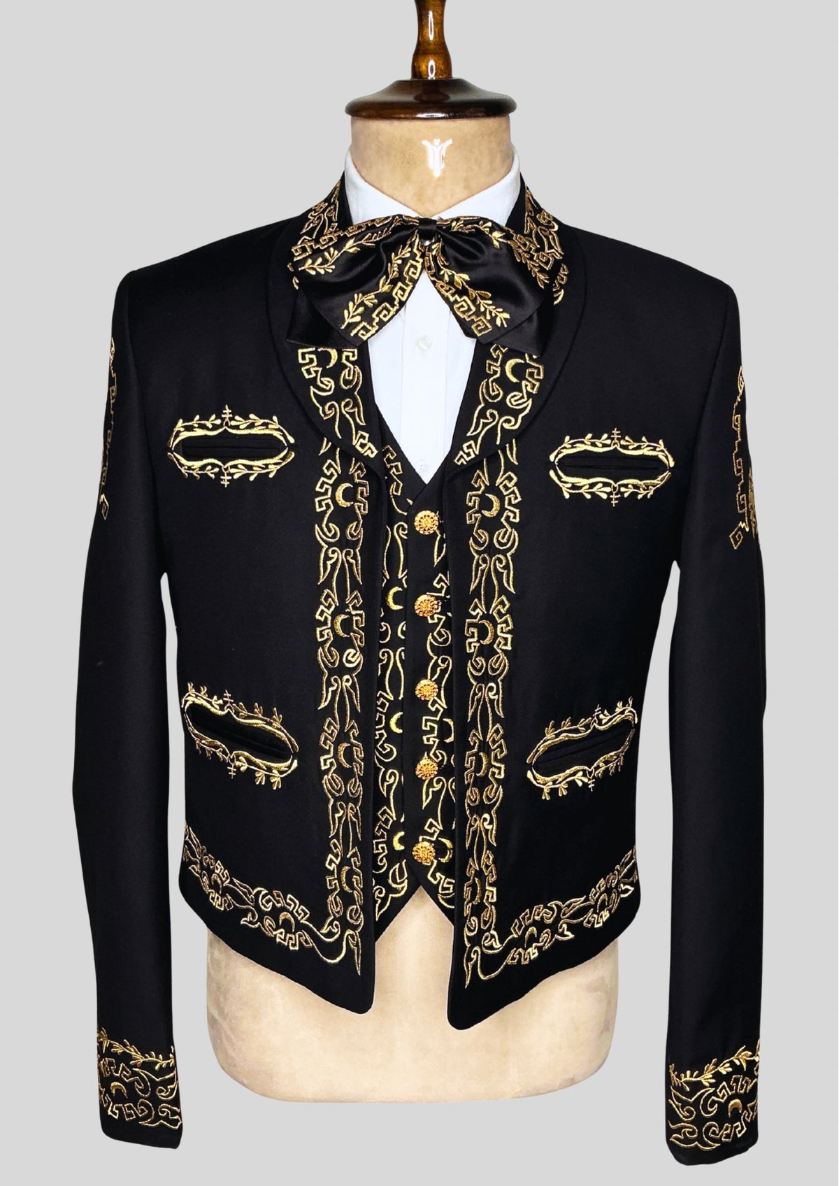 Men’s Black Mariachi 3-Piece Suit with Gold Embroidery & Matching Bow – Charro Style Wedding / Festival Outfit